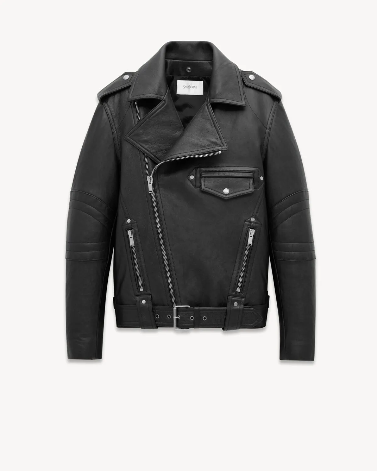Saint Laurent Leather And Coats-biker jacket in vintage leather and shearling BLACK