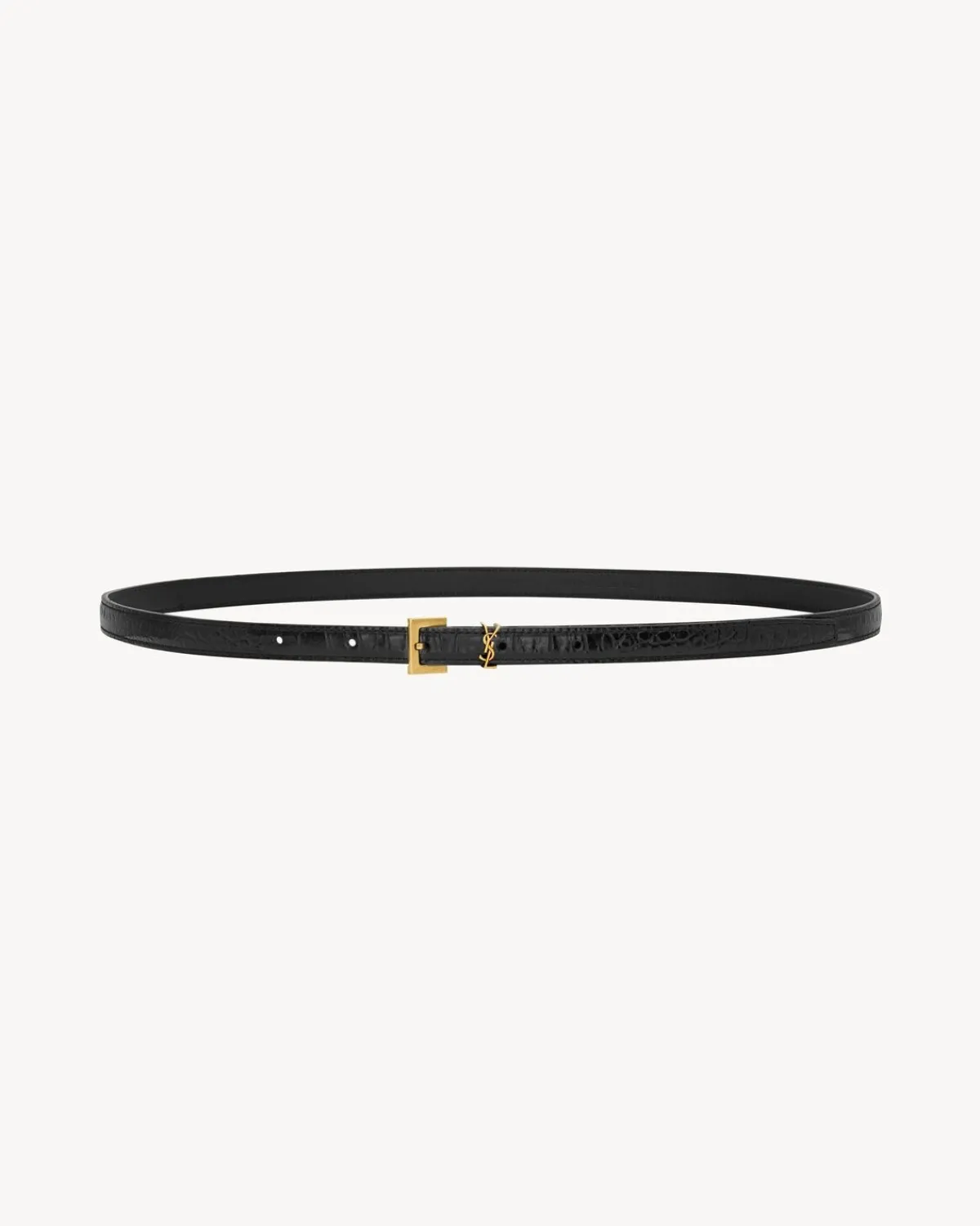 Saint Laurent Belts-CASSANDRE extra thin belt in crocodile-embossed leather BLACK