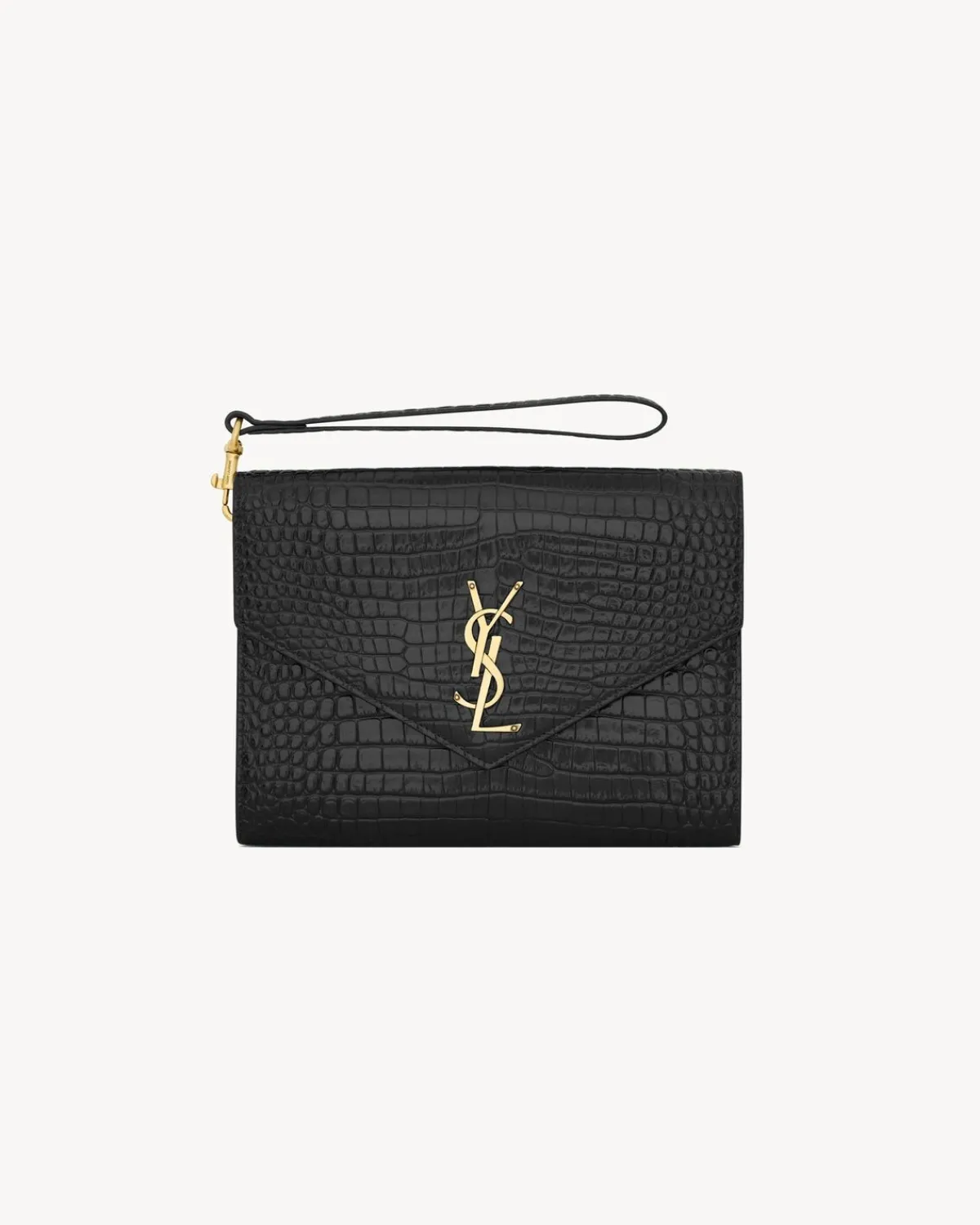 Saint Laurent Pouches-CASSANDRE flap pouch in crocodile-embossed shiny leather BLACK