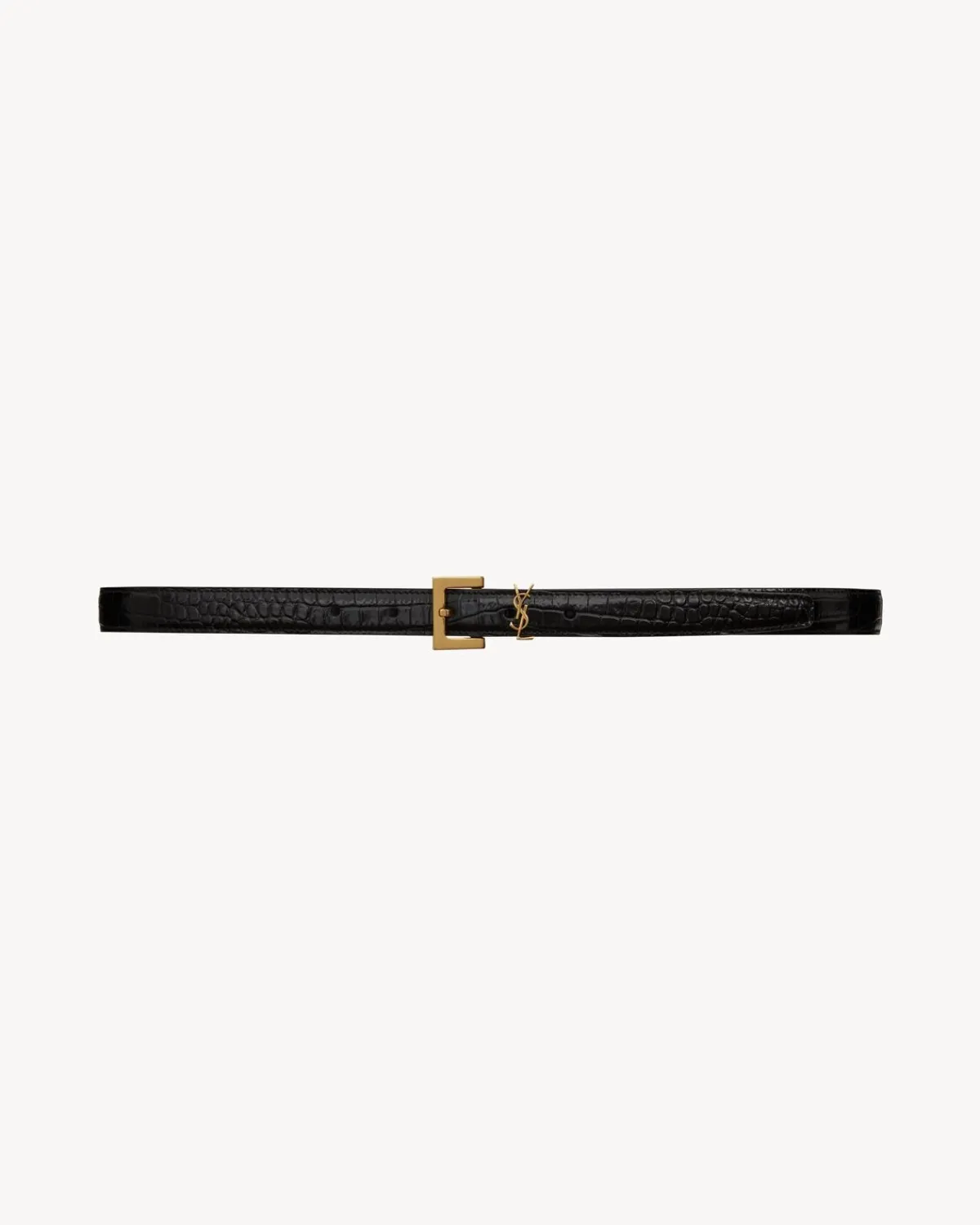 Saint Laurent Belts-CASSANDRE THIN belt with square buckle in CROCODILE-EMBOSSED leather BLACK