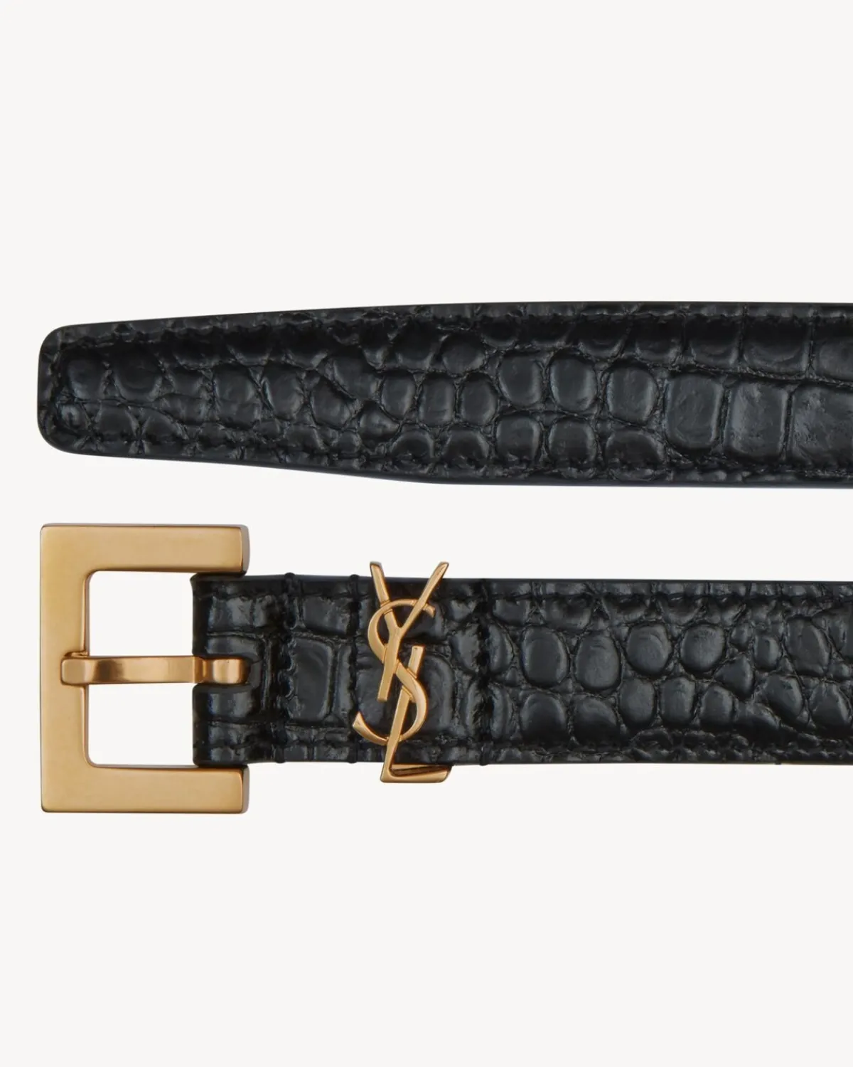 Saint Laurent Belts-CASSANDRE THIN belt with square buckle in CROCODILE-EMBOSSED leather BLACK