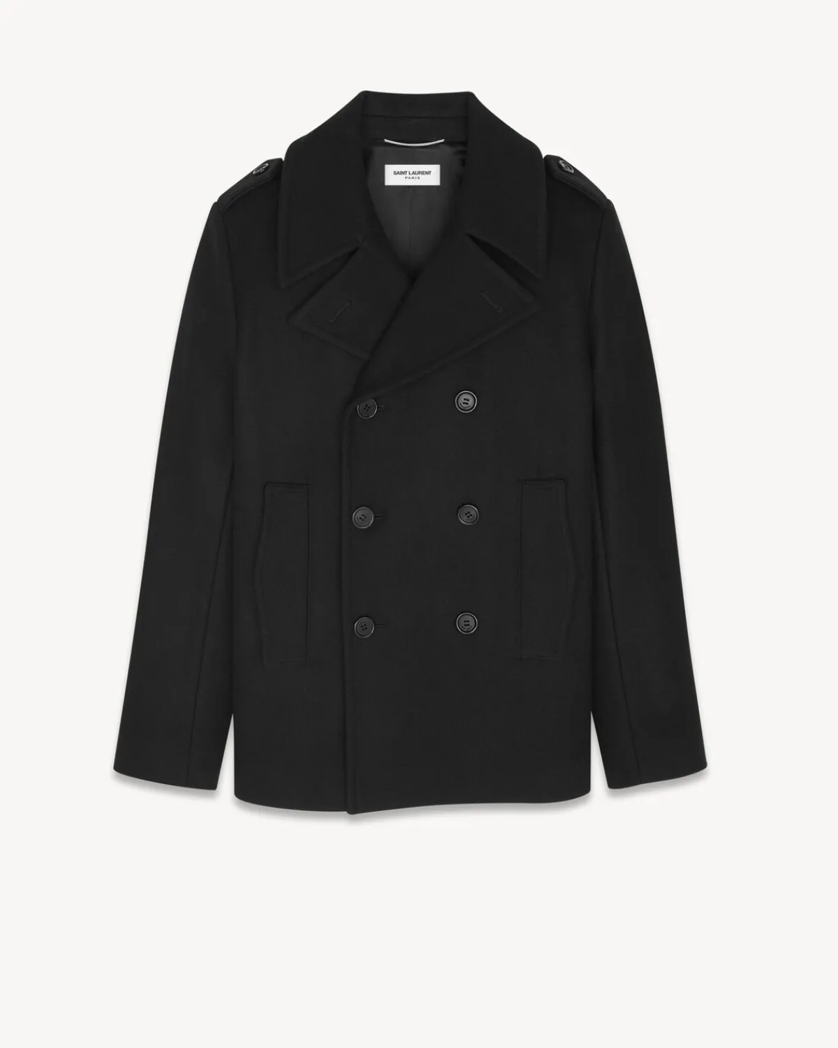 Saint Laurent Leather And Coats-Double-breasted peacoat in wool BLACK