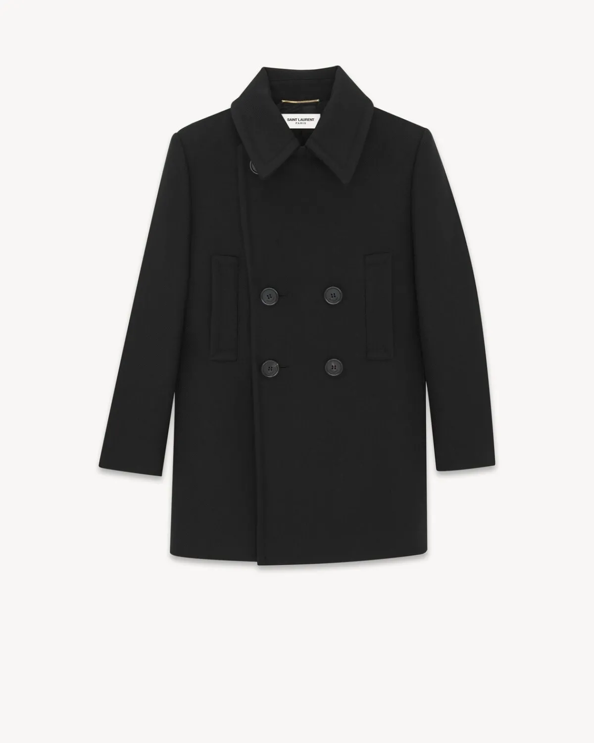 Saint Laurent Leather And Coats-Double-Breasted Peacoat in Wool BLACK