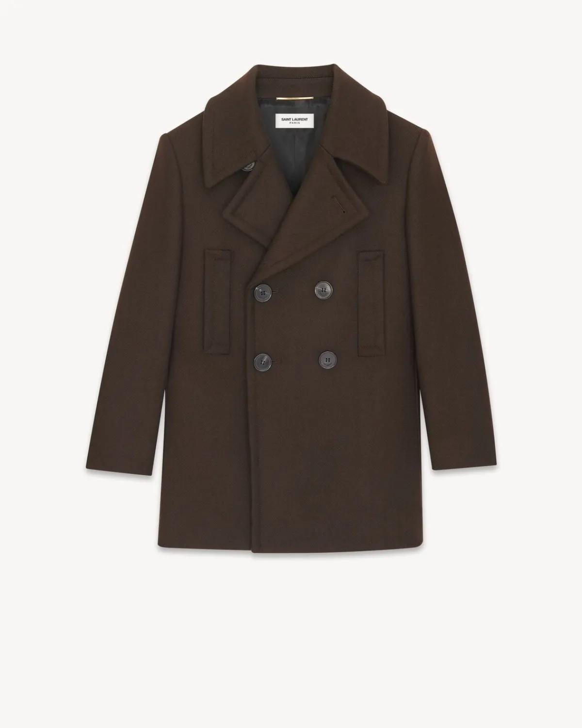 Saint Laurent Leather And Coats-Double-Breasted Peacoat in Wool Gabardine MARRONFONCE