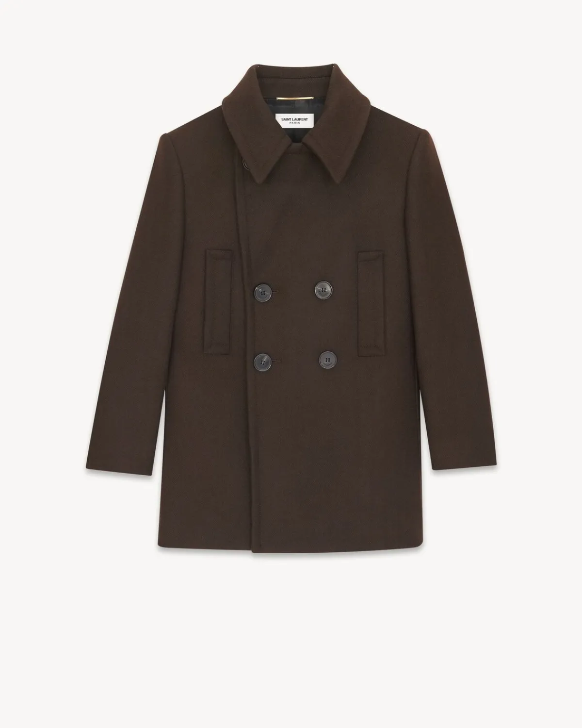 Saint Laurent Leather And Coats-Double-Breasted Peacoat in Wool Gabardine MARRONFONCE