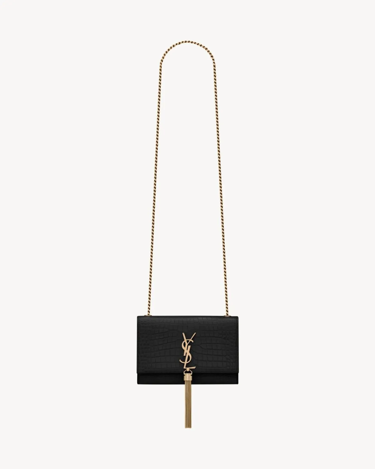 Saint Laurent Clutches And Evening-KATE SMALL TASSEL IN CROCODILE-EMBOSSED LEATHER BLACK