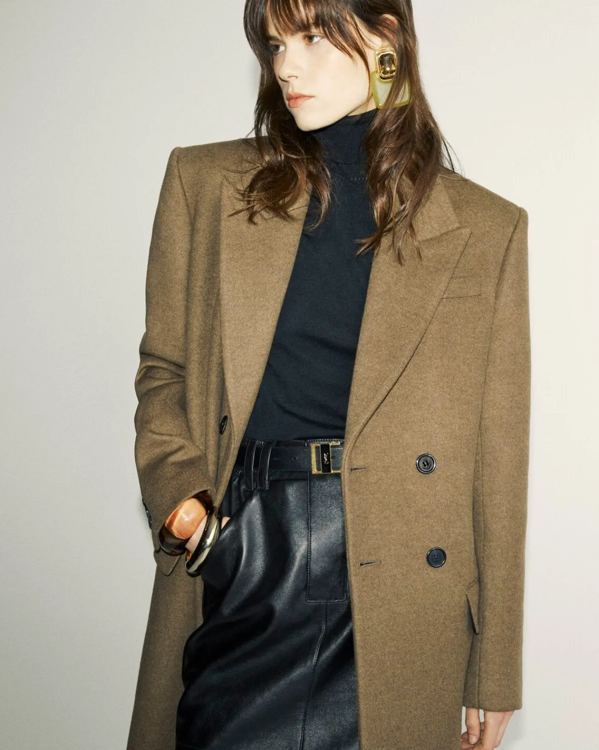 Saint Laurent Leather And Coats-long coat in cashmere and wool felt KAKI