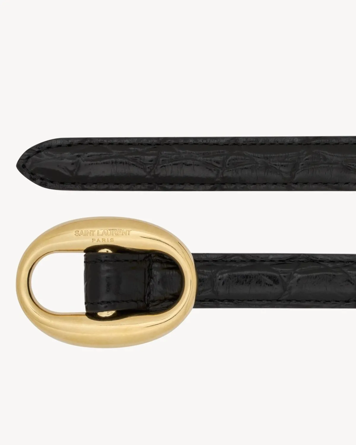 Saint Laurent Belts-oval buckle thin belt in crocodile-embossed leather BLACK