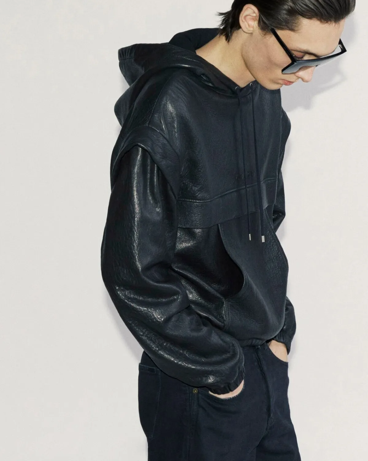 Saint Laurent Leather And Coats-hoodie in grained lambskin BLACK