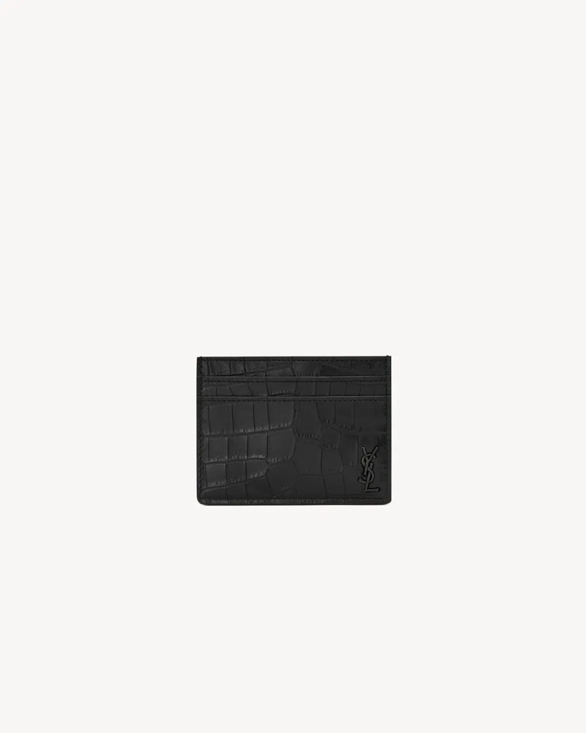 Saint Laurent Card Cases-TINY CASSANDRE card case in crocodile-embossed leather BLACK