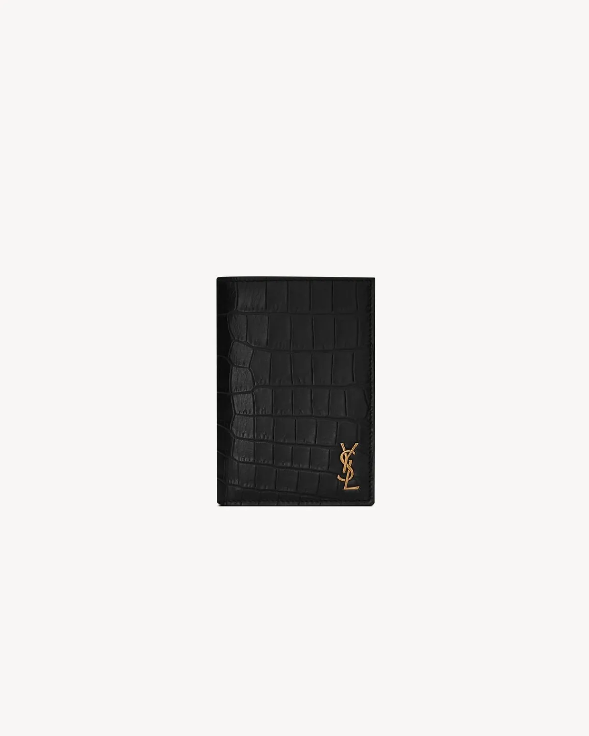 Saint Laurent Card Cases-TINY CASSANDRE credit card wallet in CROCODILE-EMBOSSED matte leather BLACK