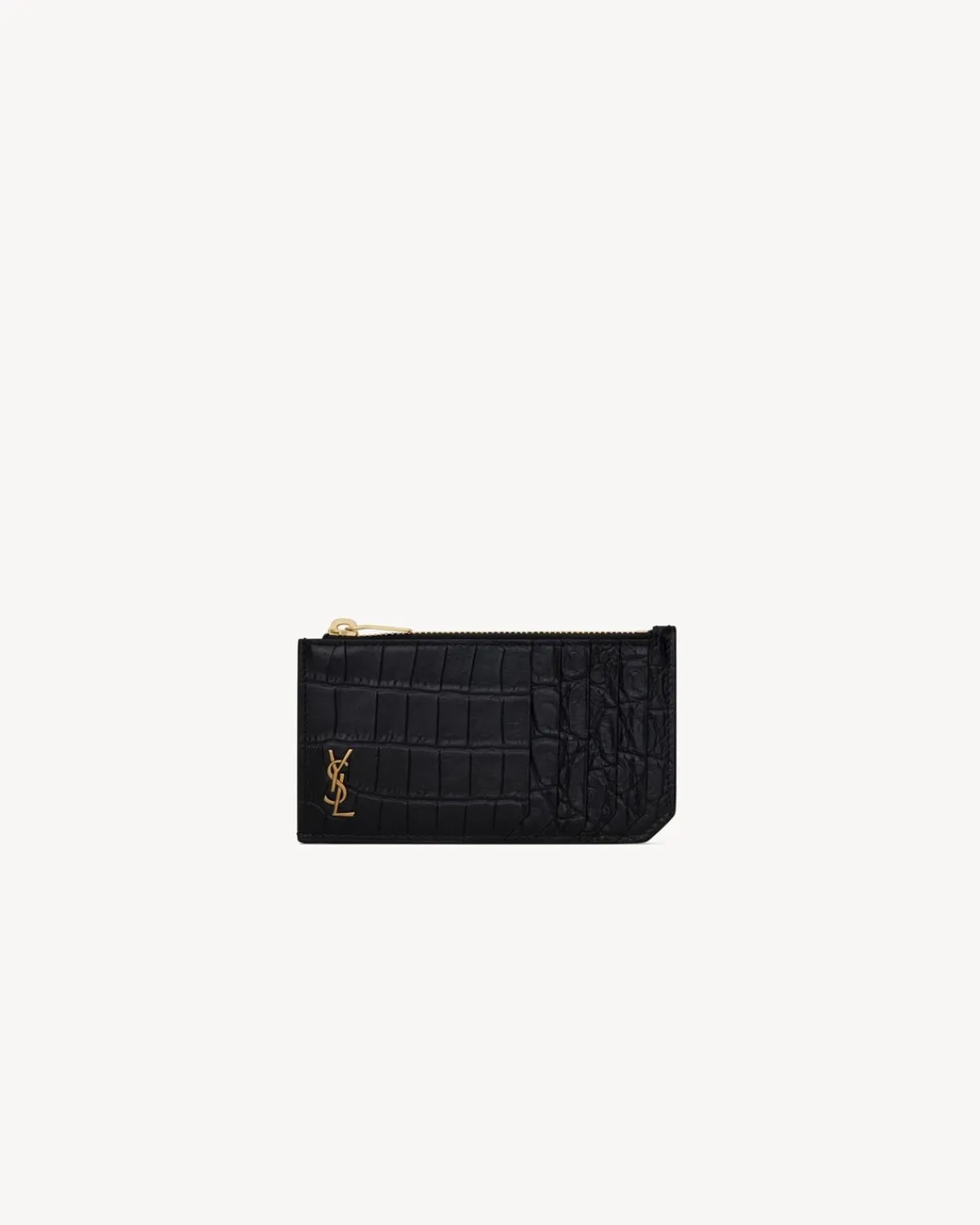 Saint Laurent Card Cases-TINY CASSANDRE FRAGMENTS zip card case in crocodile-embossed matte leather BLACK