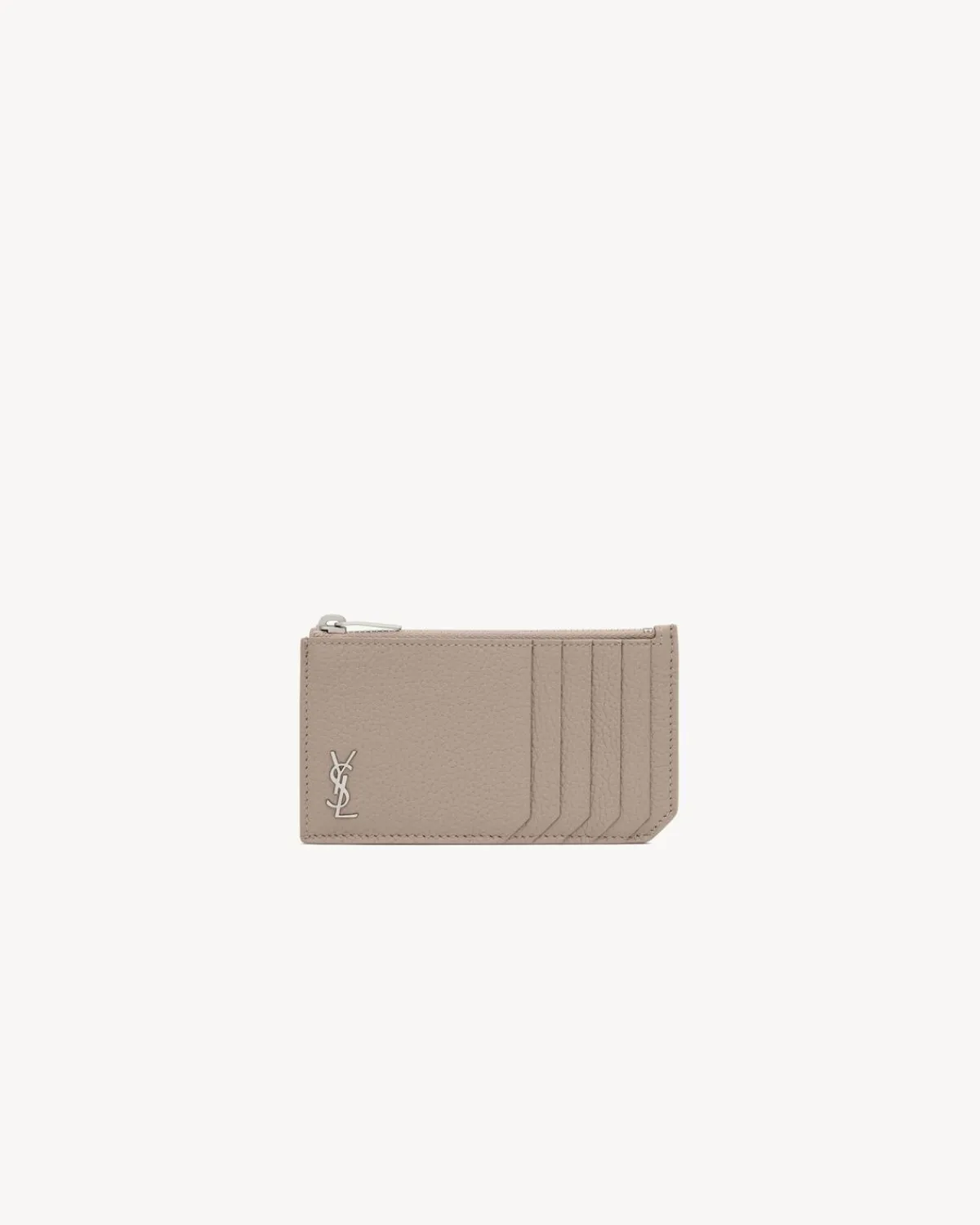 Saint Laurent Card Cases-TINY CASSANDRE FRAGMENTS ZIPPED CARD CASE IN GRAINED LEATHER GREYISHBROWN