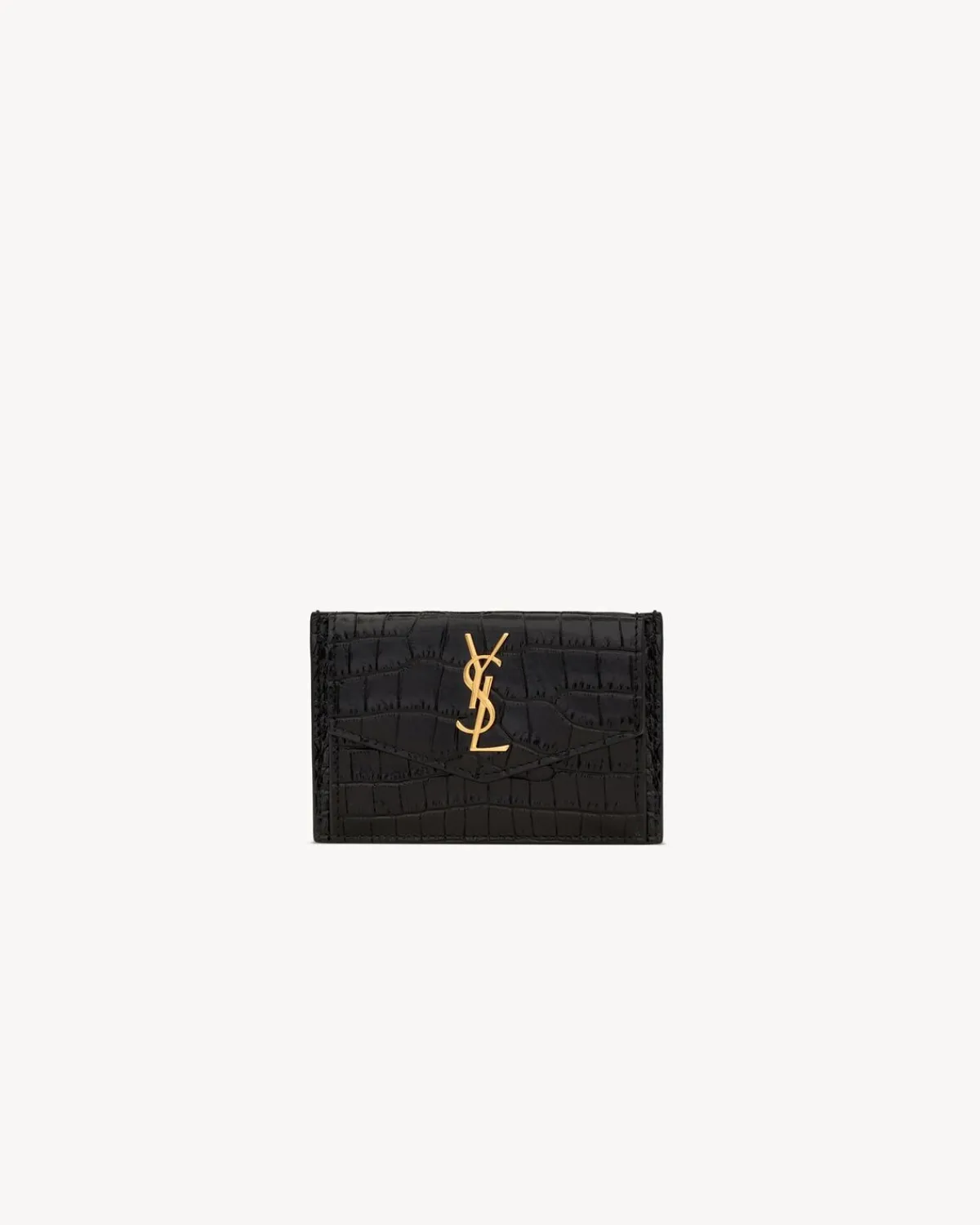 Saint Laurent Card Cases-UPTOWN FLAP card case in crocodile-embossed shiny leather NOIR