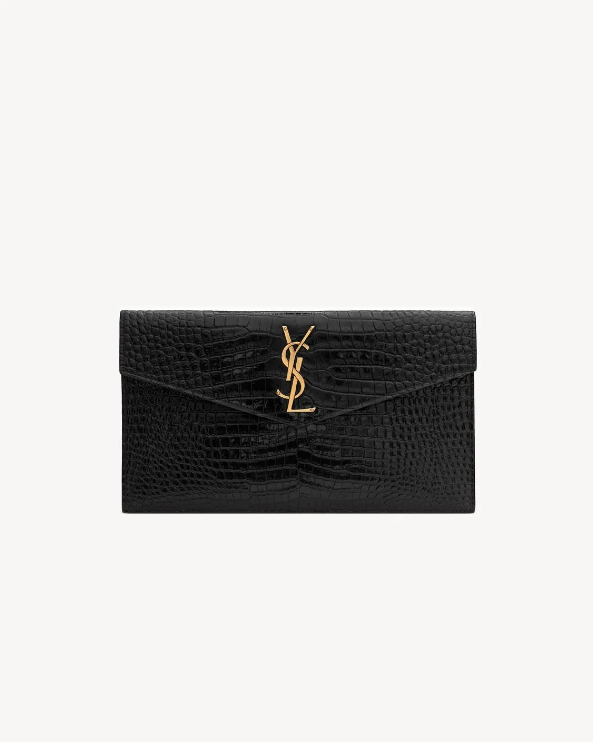 Saint Laurent Pouches-UPTOWN POUCH IN CROCODILE-EMBOSSED SHINY LEATHER BLACK