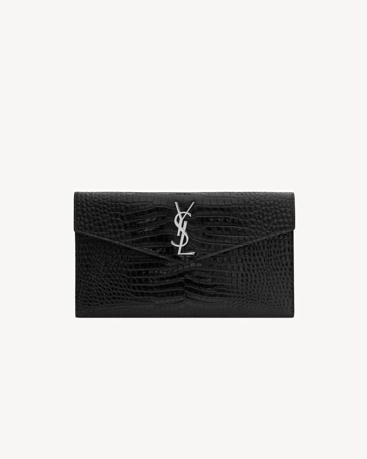 Saint Laurent Pouches-UPTOWN pouch in CROCODILE-EMBOSSED shiny leather BLACK